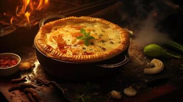 Traditional arabic meat hummus with herbs and spices on wooden background. photo
