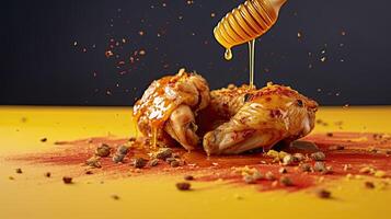 Grilled chicken wings on a wooden table with honey and caramel sauce on a yellow background. photo