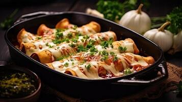 Pancakes stuffed with meat, cheese and vegetables in a baking dish with background. photo