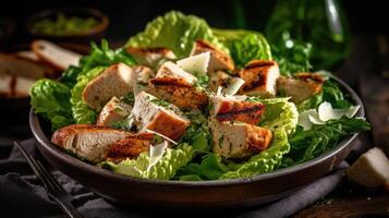 Caesar salad with grilled chicken and parmesan cheese on wooden background. photo