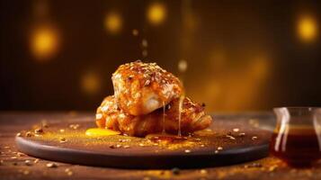 Honeyed chicken drumsticks with spices on a yellow and dark background. photo