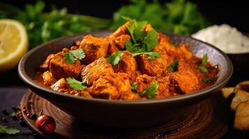 Chicken tikka masala in tomato sauce on a black background. photo