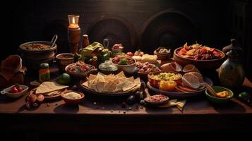 Traditional mexican food on dark background. Nachos, guacamole, salsa, nachos, cheese, meatballs, olives, tortilla chips, and jalapeno peppers on wooden with black background. AI Generative photo