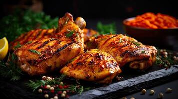 Grilled chicken legs with spices and herbs on a black background. photo