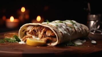 Delicious chicken kebab on wooden board and a black background. photo