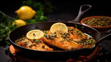 Fried fish fillet with green peas and lemon on wooden with black background. photo