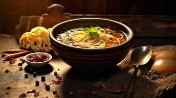 Noodles soup with ingredients for cooking on a wooden background. photo