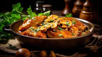 Chicken teriyaki with mushrooms and parsley in a pot on a wooden table. photo