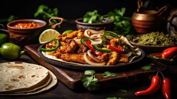 Chicken tikka masala with onion, chilli and lime wooden and black background. AI Generative photo