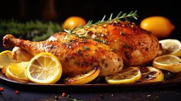 Baked chicken with lemon and herbs on a wooden table. photo