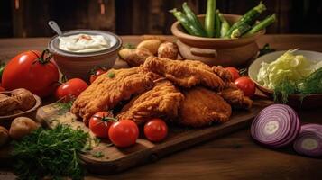 Fried chicken wings with vegetables on a wooden background. photo