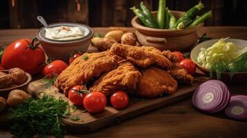 Fried chicken wings with vegetables on a wooden background. AI Generative photo