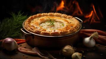 Tasty homemade pie with meat and vegetables in baking dish on table. photo