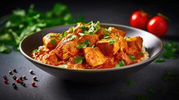 Chicken tikka masala in a bowl on black background. AI Generative photo