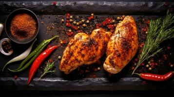 Grilled chicken fillet with spices and herbs on a black background. AI Generative photo