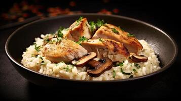 Delicious risotto with grilled chicken fillet and mushrooms on black background. photo