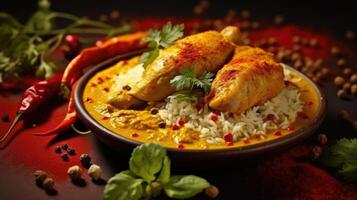 Chicken tikka masala with rice and spices on dark background. photo