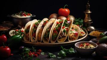 Mexican tacos with chicken meat, vegetables and cheese on dark background. photo