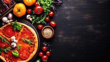 Pizza with tomatoes, mushrooms and basil on black wooden background. Copy space for text. photo