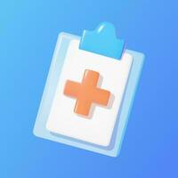 3d medical clipboard with red cross icon on a blue background. vector