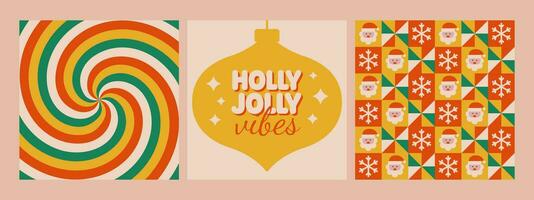 Holly jolly vibes phrase, pattern and twirl background in retro hippie 70s style. Christmas posters. Vector illustration