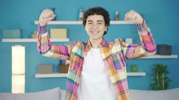 The victorious young man rejoices. video