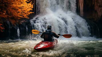 generativo ai, kayac balsa río cascada, extremo deporte concepto, agua Blanca kayak foto