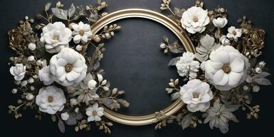 Generative AI, vintage frame with white flowers, futuristic victorian, black background photo