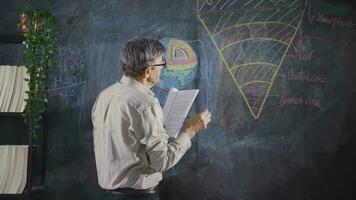 Male professor drawing Earth magma on blackboard. video