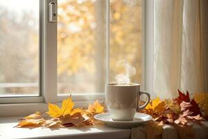 AI Generated Light photo. View from the window autumn, maple leaves. A cup of hot coffee with steam on the windowsill. Cozy homely atmosphere in pastel colors. This photo was generated using