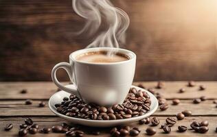 AI Generated Light photo, in white and beige tones. Cup of hot coffee with steam on a wooden background. Coffee beans. Cozy homely atmosphere in pastel colors. This photo was generated using