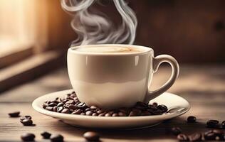 AI Generated Light photo, in white and beige tones. Cup of hot coffee with steam on a wooden background. Coffee beans. Cozy homely atmosphere in pastel colors. This photo was generated using