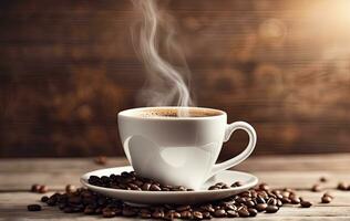 AI Generated Light photo, in white and beige tones. Cup of hot coffee with steam on a wooden background. Coffee beans. Cozy homely atmosphere in pastel colors. This photo was generated using