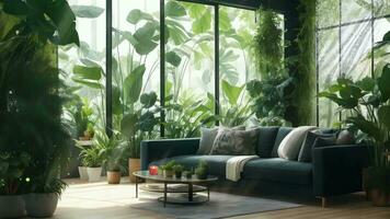 ai generativo, un vivo habitación con un montón de plantas y un sofá video