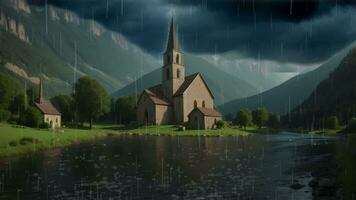 ai generativ, ein Kirche im das Regen mit ein Berg im das Hintergrund video