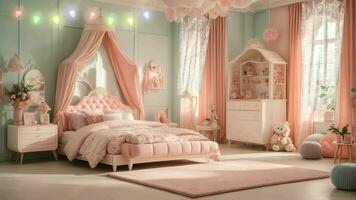 ai generativo, un dormitorio con rosado y azul decoración video