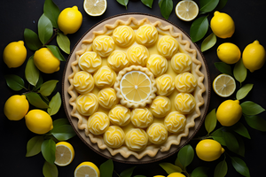 Lemon pie on a dark table with apples, top view. Homemade cakes with fruits. AI Generative png