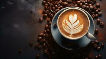 Generative AI, hot cappuccino with latte art on wooden table with coffee beans photo