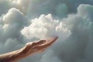 Generative AI, hand holding cloud, sky background. The development of the imagination concept photo