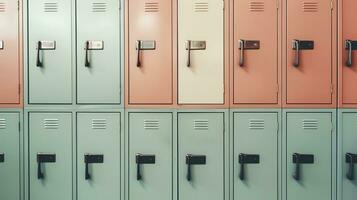 generativo ai, fila de alto colegio casilleros en el pasillo, armario habitación foto