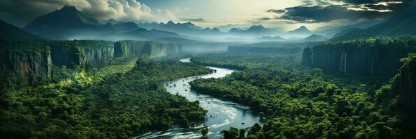 Generative AI, Beautiful green amazon forest landscape, rainforest jungle with waterfalls photo