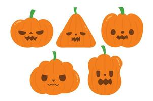 Halloween pumpkins in October Many facial expressions and emotions and many shapes, orange vector