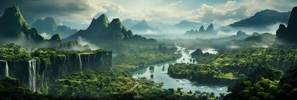 Generative AI, Beautiful green amazon forest landscape, rainforest jungle with waterfalls photo