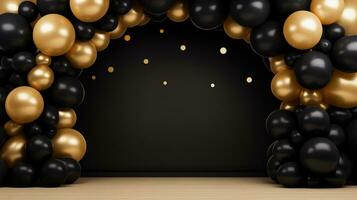 Generative AI, arch of black and golden balloons. Mock up for Black Friday or other holiday 3d background photo