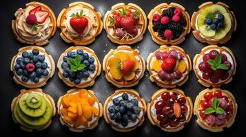 Generative AI, Assorted Belgian waffles with fruit and syrup, sweet baked dessert photo