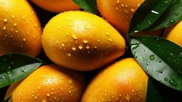 Generative AI, closeup fresh mango fruit background. Tropical exotic closeup photo with water drops.