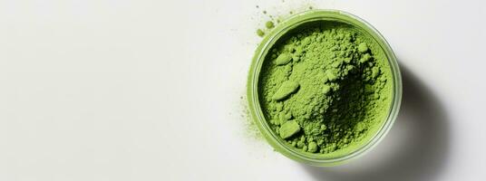 Generative AI, Heap of green matcha tea powder with copy space photo