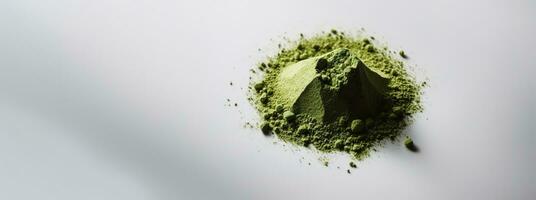 Generative AI, Heap of green matcha tea powder with copy space photo