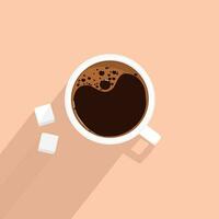 Vector illustration coffee cup and sugar cube on light brown background, flat style