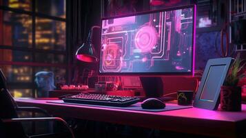 Generative AI, Computer on the table in cyberpunk style, nostalgic 80s, 90s. Neon night lights vibrant colors, photorealistic horizontal illustration of the futuristic interior. Technology concept. photo